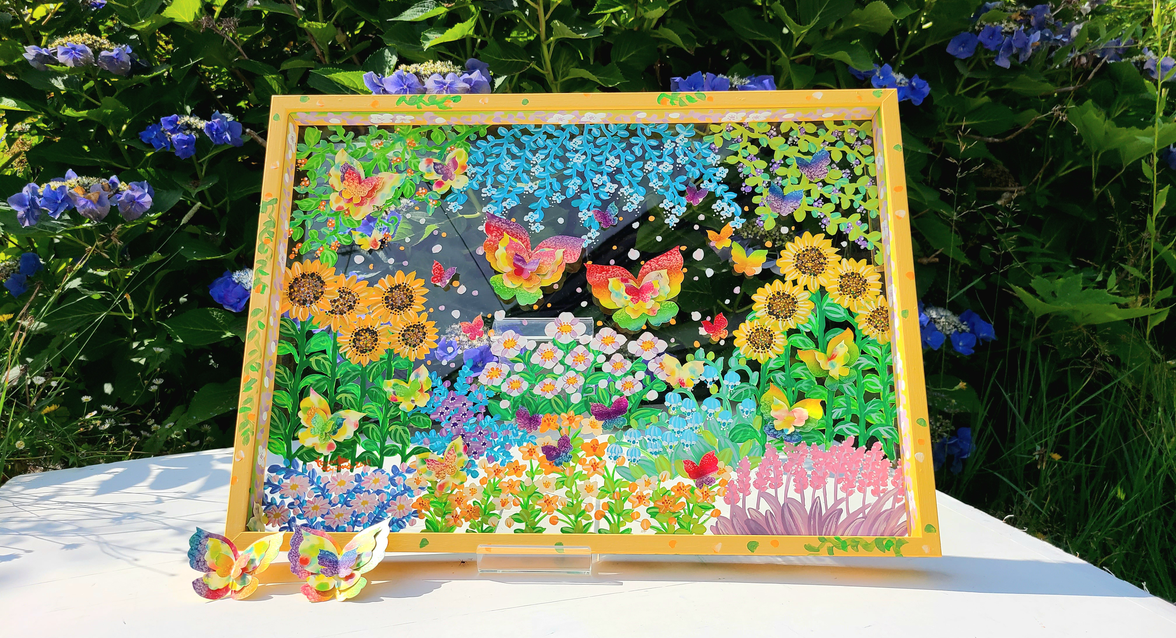 【オーダーメイド/透明アート原画】花庭散歩～イエロー×蝶々～　クリアBOX　B３