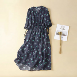 夏◆綿麻◆ワンピース◆コットンリネン◆通勤◆通学◆ネイビー ◆ 1枚目の画像