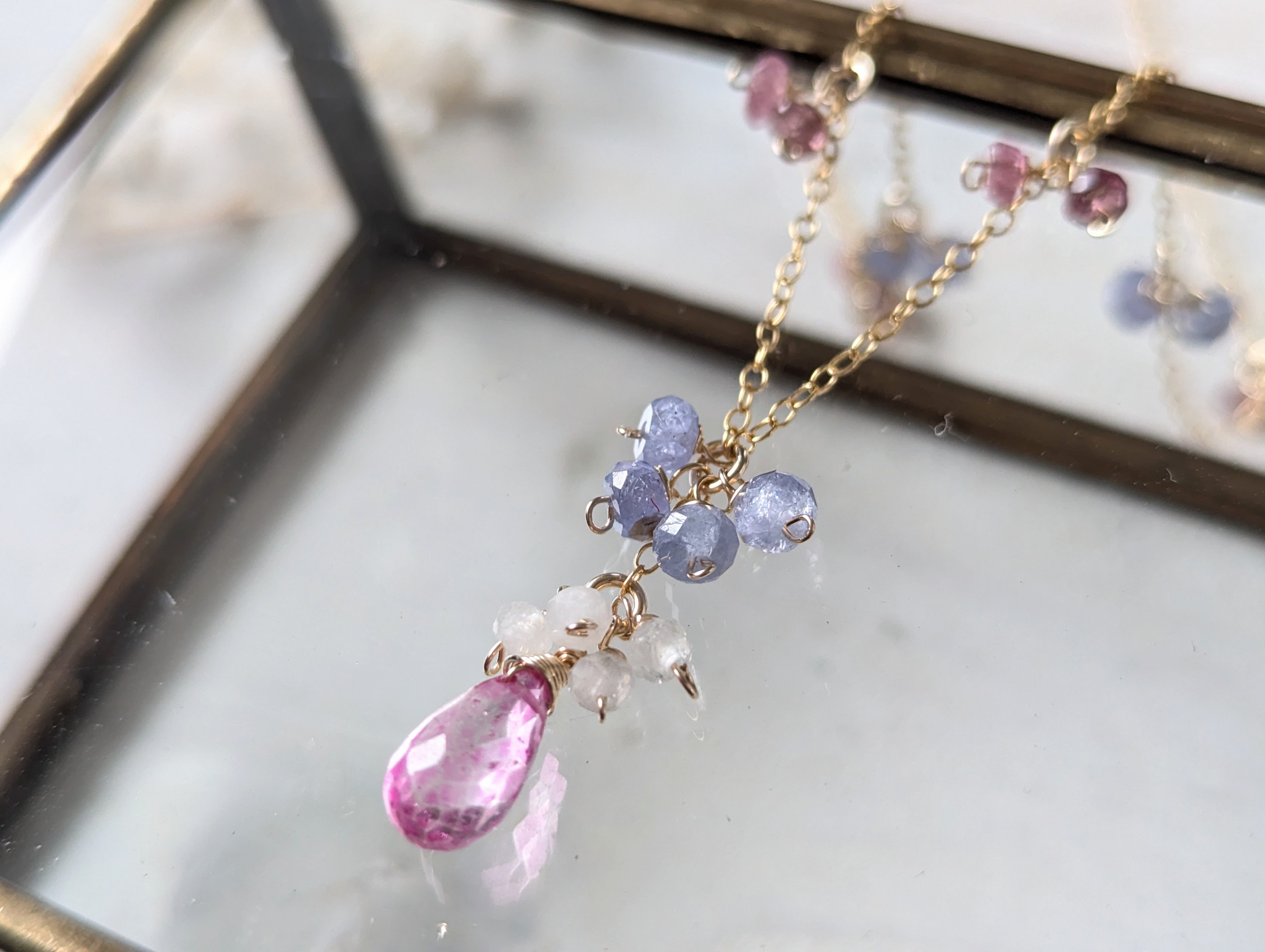 14kgf 紡ぎパステルネックレス☆ピンクトパーズ、タンザナイト、ピンクトルマリン