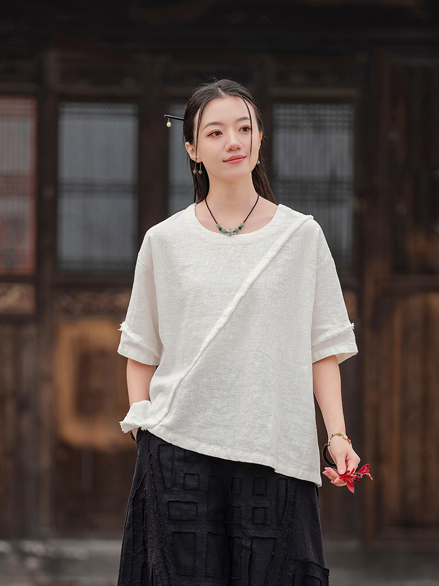 ラミーコットンの砂洗い丸首Tシャツ不規則カット×フリンジデザイン8369