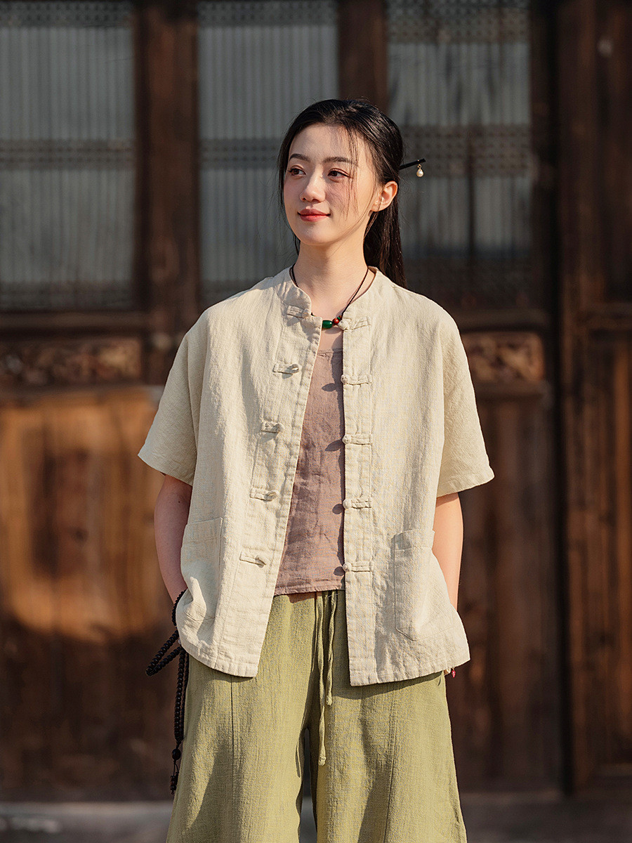 ラミーコットンの立ち襟前開きシャツシンプルボタンデザイン8367