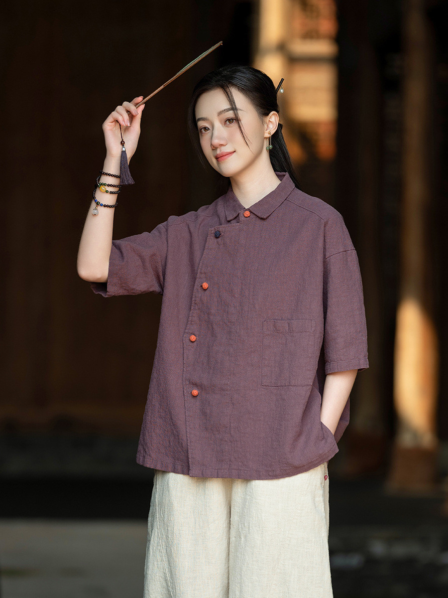 ラミーコットンの配色切替斜めボタン開襟シャツナチュラルトップス8375