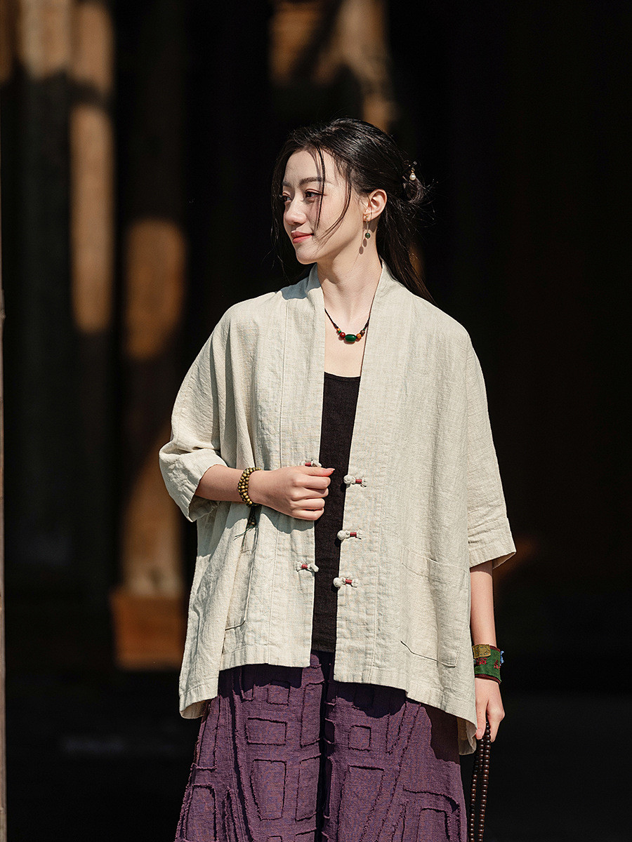 ラミーコットンの立ち襟バタフライスリーブ羽織軽やかシルエット8365