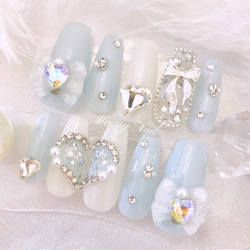 No.71 オーダー ♡ 水色 リボン ハート ラメ フレンチガーリー ジェル