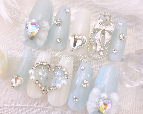 No.71 オーダー ♡ 水色 リボン ハート ラメ フレンチガーリー ジェル