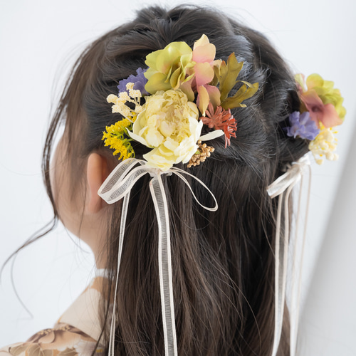 小学校卒業式袴髪飾りベージュ/白リボンK】人気の髪型ツインハーフ