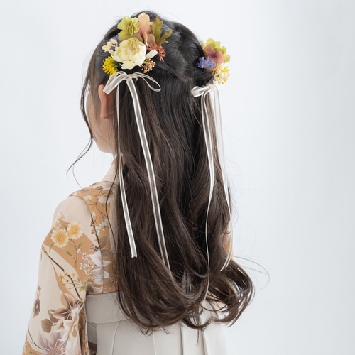 小学校卒業式袴髪飾りベージュ/白リボンK】人気の髪型ツインハーフ