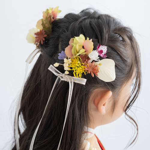 小学校卒業式袴髪飾りベージュ/白リボンK】人気の髪型ツインハーフ