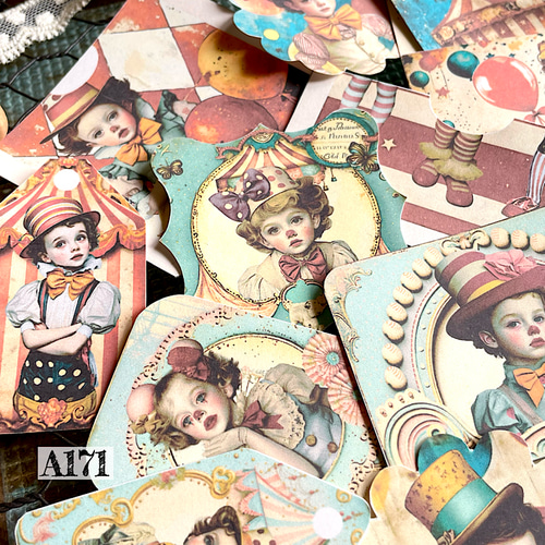 送料無料【A171コラージュ素材】紙モノ/シール 人物 サーカス ジャンク