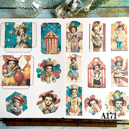 送料無料【A171コラージュ素材】紙モノ/シール 人物 サーカス ジャンク
