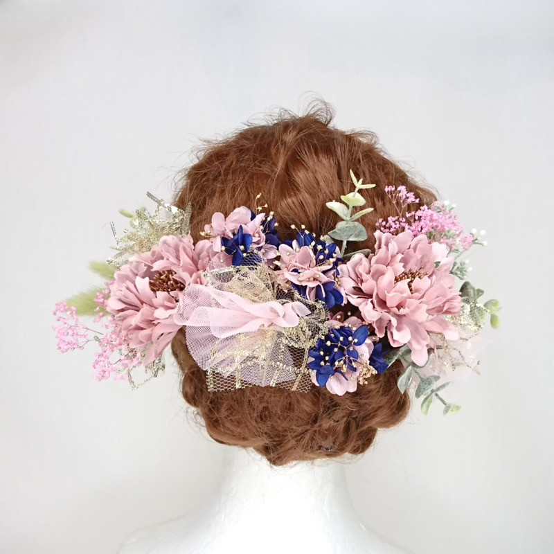 【一点限定】スカビオサとプリザ紫陽花とチュールのヘッドドレス 髪飾り 成人式 卒業式 袴 ウェディング ピンク かわいい