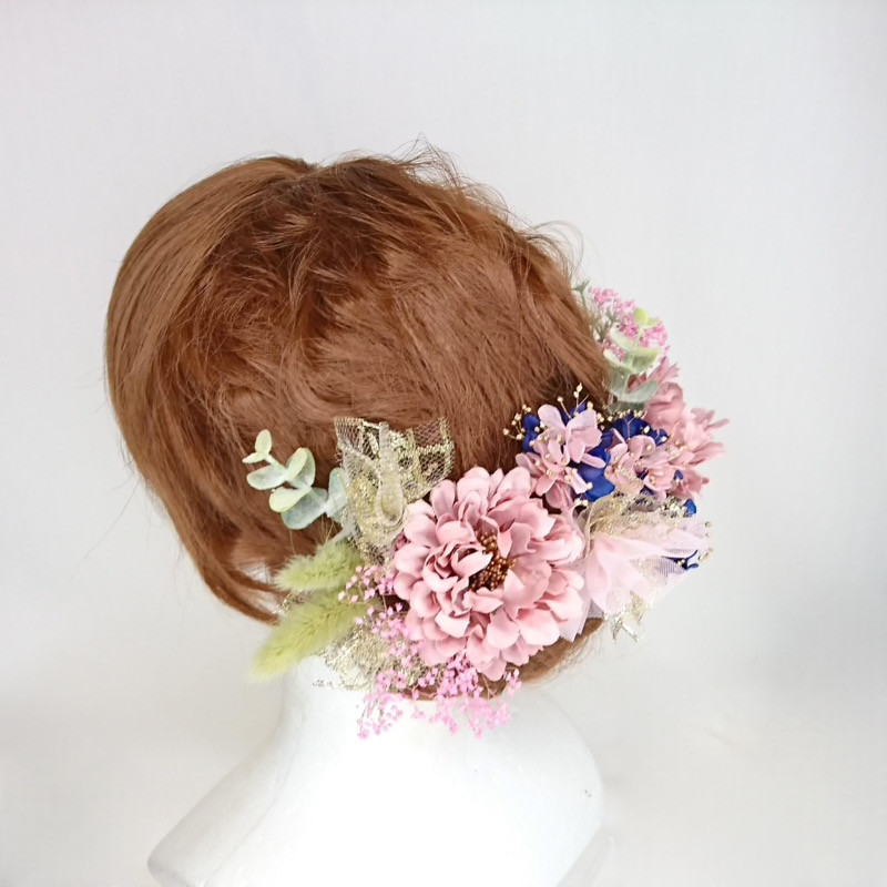 【一点限定】スカビオサとプリザ紫陽花とチュールのヘッドドレス 髪飾り 成人式 卒業式 袴 ウェディング ピンク かわいい