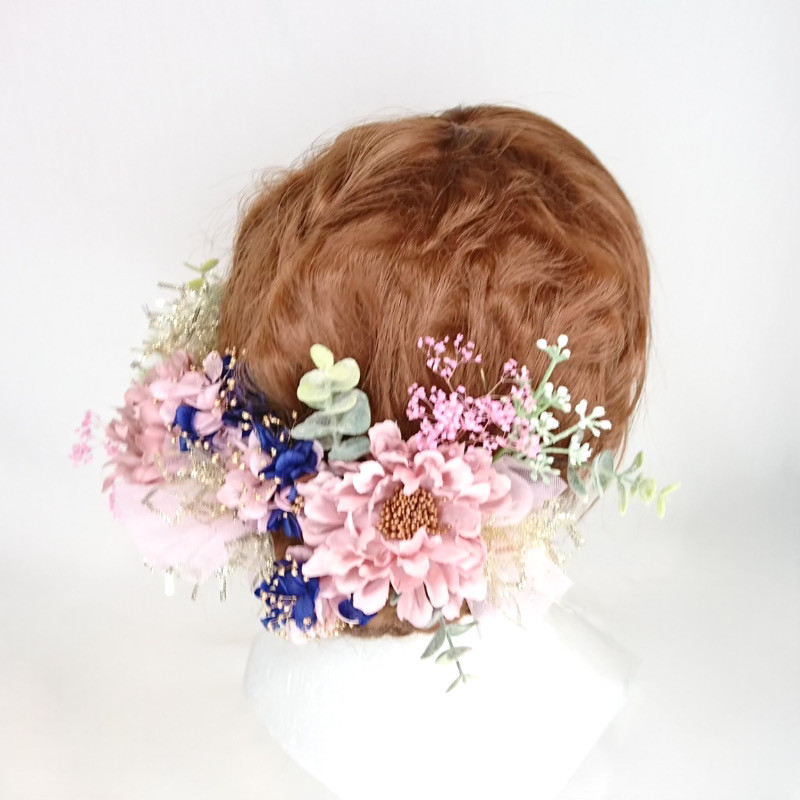 【一点限定】スカビオサとプリザ紫陽花とチュールのヘッドドレス 髪飾り 成人式 卒業式 袴 ウェディング ピンク かわいい