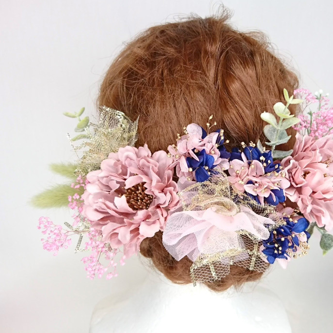 【一点限定】スカビオサとプリザ紫陽花とチュールのヘッドドレス 髪飾り 成人式 卒業式 袴 ウェディング ピンク かわいい