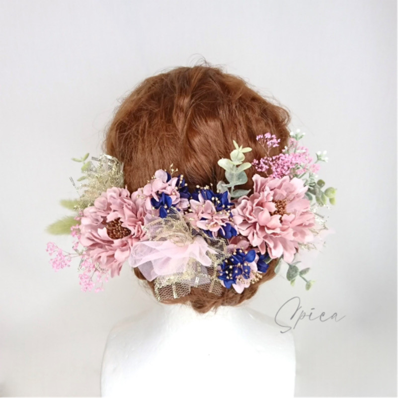 【一点限定】スカビオサとプリザ紫陽花とチュールのヘッドドレス 髪飾り 成人式 卒業式 袴 ウェディング ピンク かわいい