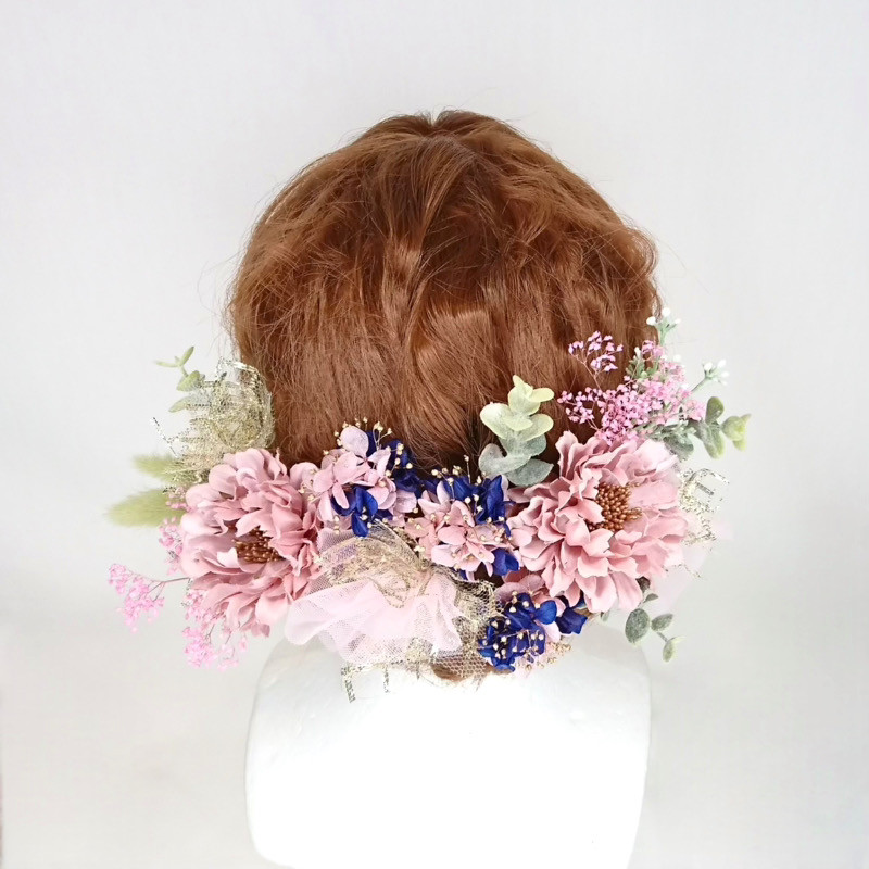 【一点限定】スカビオサとプリザ紫陽花とチュールのヘッドドレス 髪飾り 成人式 卒業式 袴 ウェディング ピンク かわいい