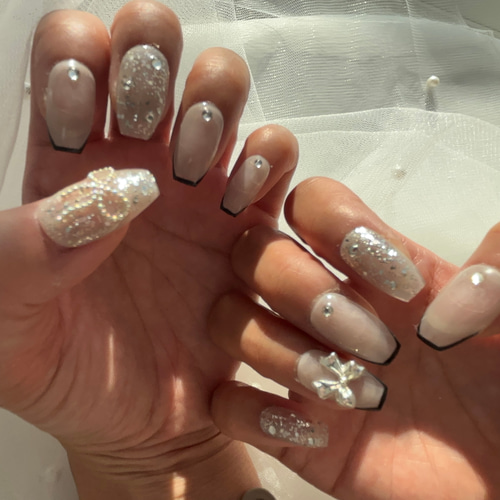 ネイルチップ オーダー シアー 大人 結婚式 韓国 ブラック フレンチ