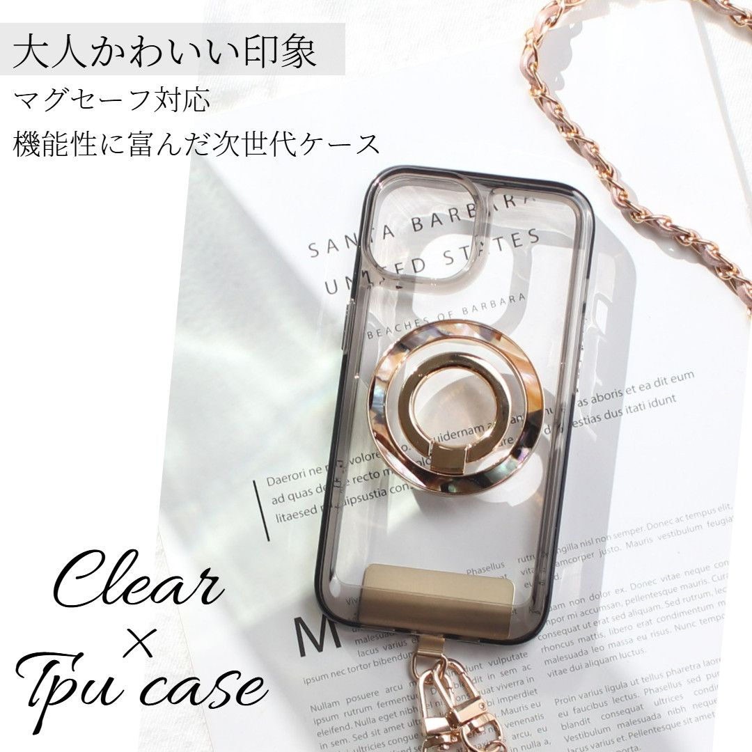 iPhone ケース クリア リング付き 17 16 15 14 SE 13 マグセーフ チェーン ストラップ べっ甲