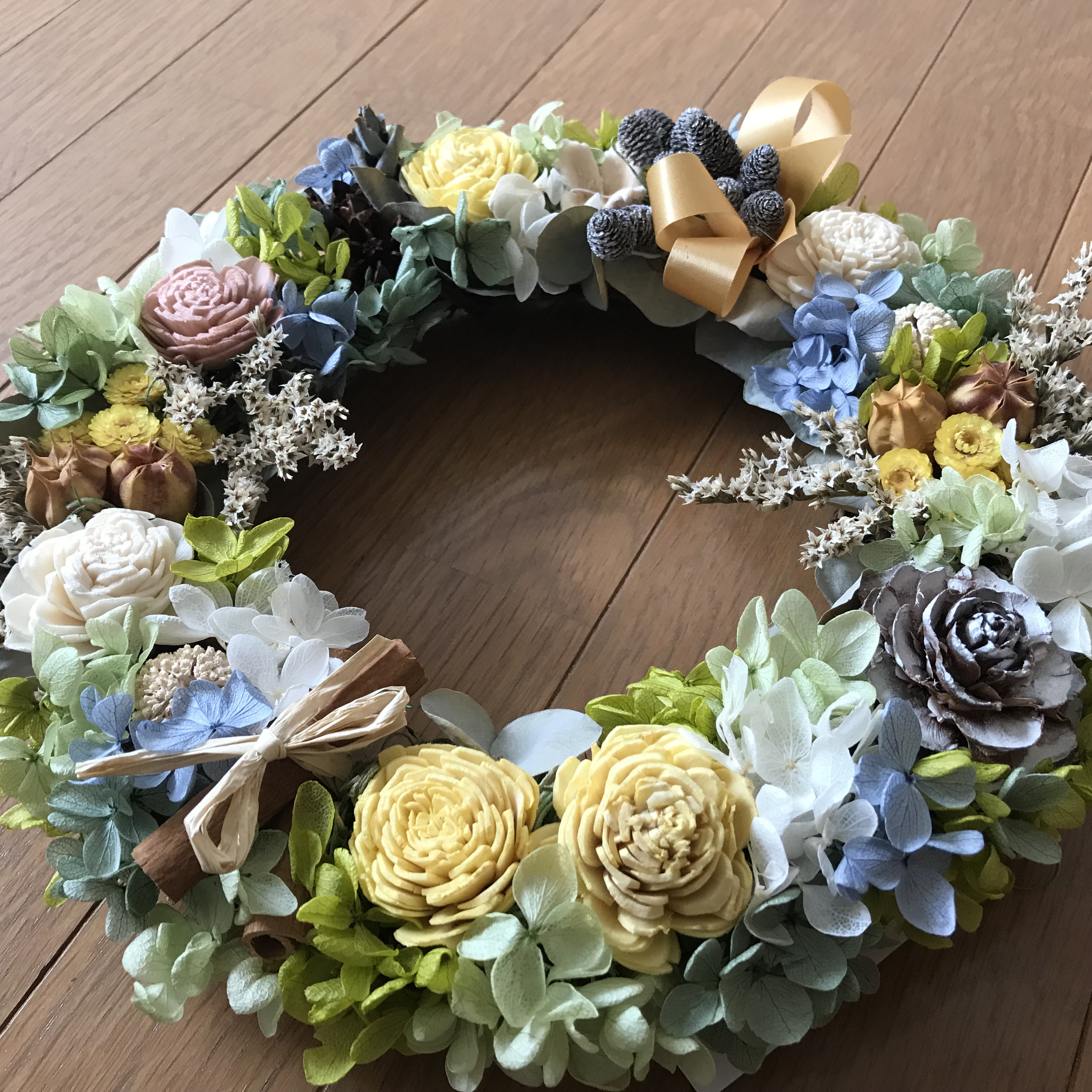 《新作＊母の日のギフト＊予約承ります》プリザーブドアジサイの優しいパステルリース 30cm（受注制作）