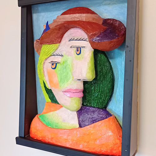 立体絵画の「キュビスムの女の顔」(3D painting) 絵画 山川善作