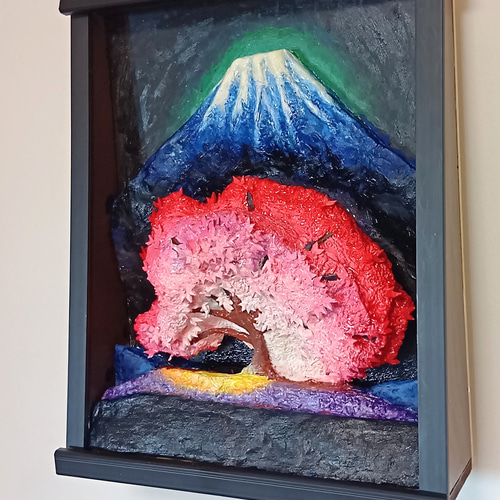 現代アート「富士とわに塚桜のライトアップ」（3D painting） 未来アートの「富士とわに塚桜のライトアップ」（クレイ絵画
