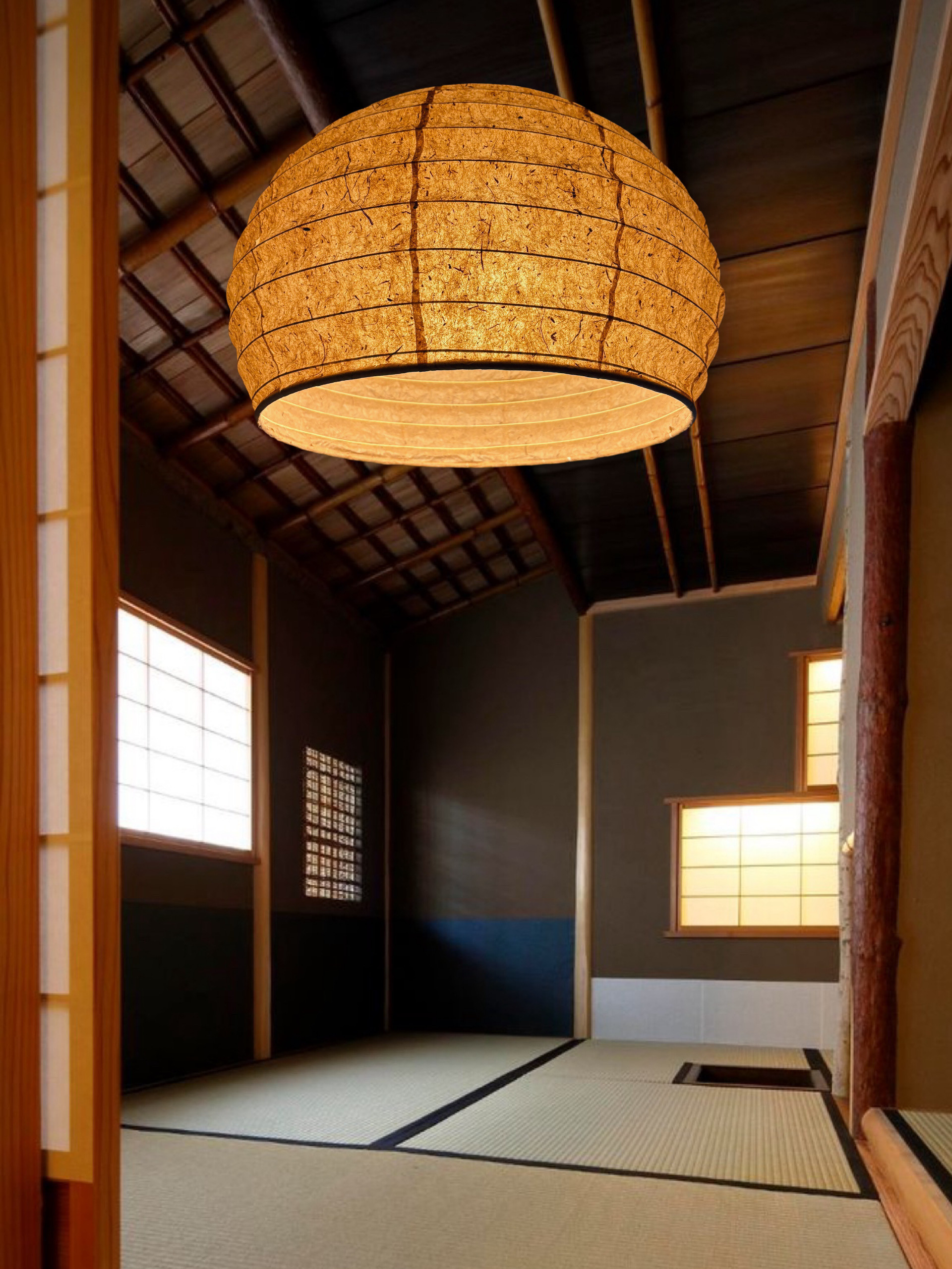 径５５㎝岐阜杉皮和紙大提灯三灯照明ペンダント