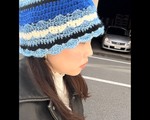 クラッシャーハット　クロシェハット　バケットハット　ニット帽　ビーニー　コットン ボーダーデザインのクロシェハット* バケットハット バケハ