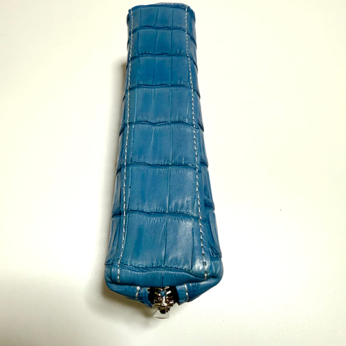 スモールクロコダイル 藍染 浅葱色 ファスナー付きペンケース ペン