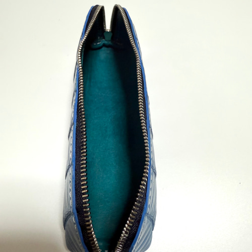 スモールクロコダイル 藍染 浅葱色 ファスナー付きペンケース ペン