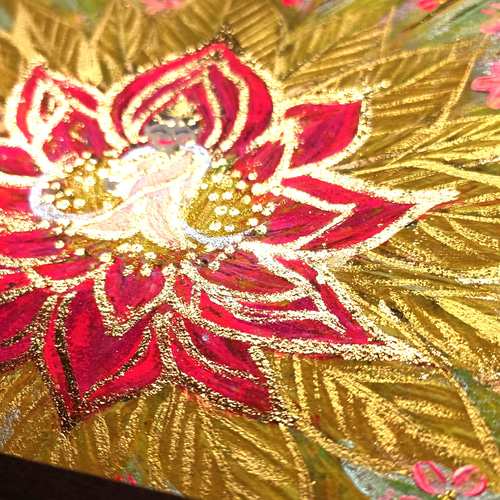 開運絵画　観音様　宝珠　蓮の花　運気上昇　財運　仕事運　家庭運　金箔　24金 風水吉祥神仏絵画＊虹鏡 天照大御神赤富士と羽衣龍 金箔紙 太陽