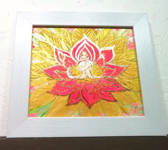 開運絵画　観音様　宝珠　蓮の花　運気上昇　財運　仕事運　家庭運　金箔　24金 風水吉祥神仏絵画◎愛の光輝く蓮花と観音様 豊かさ 願いが叶う