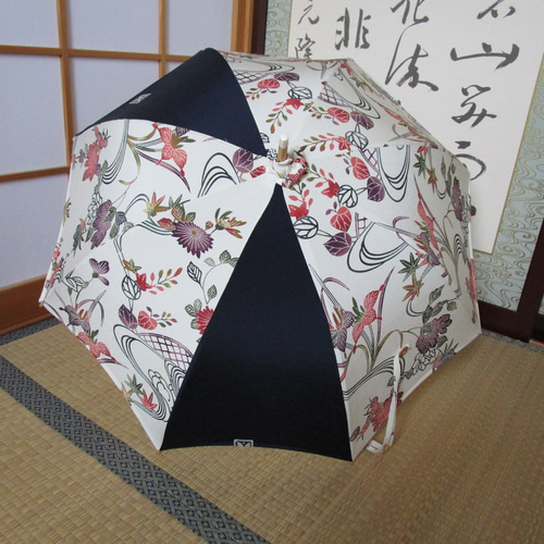 着物リメイク☆日傘とバッグのセット♡（小紋、扇、ベージュ、竹）ハンドメイド 着物リメイク日傘＊花菱紋の浴衣から作った日傘, Kimono