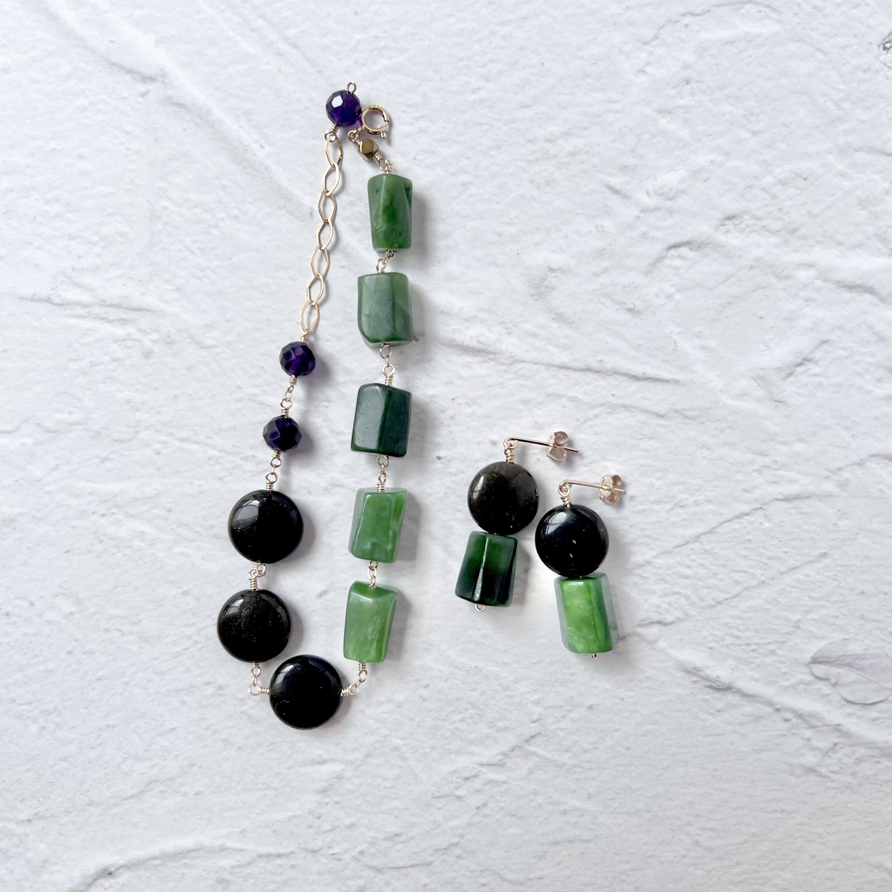 ネフライト ゴールデンオブシディアン ピアス イヤリング ブレスレット セット 14kgf コフレ 天然石アクセサリー