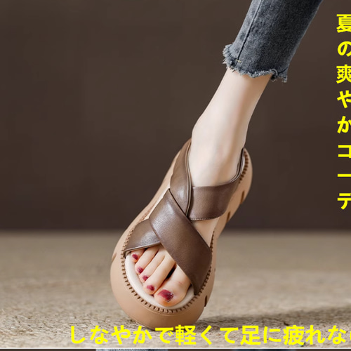 レディース夏本革厚底サンダル牛革2025新型レトロ靴　身長アップ赤色 本革サンダルレディース厚底牛革レトロクロスローマン付き2025夏