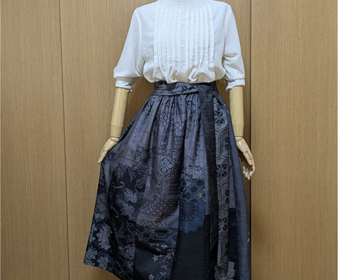SOLD 着物リメイク ギャザースカート 大島紬 M〜L ロングスカート