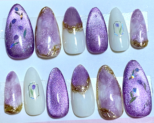 マグネットネイル チューリップ 春ネイル 紫 ネイルチップ（つけ爪