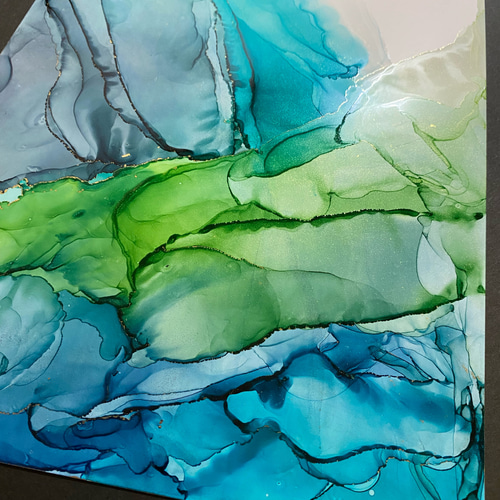 No.4 アルコールインクアート 原画 A4サイズ 緑 抽象 絵画 森の星屑