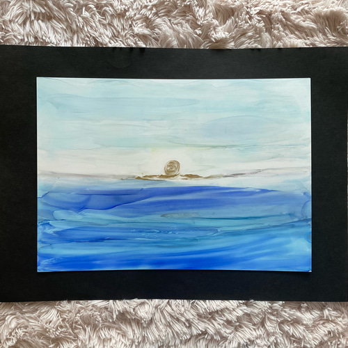 No.7 アルコールインクアート 原画 A3サイズ 絵 海 朝日 夕日 月 空