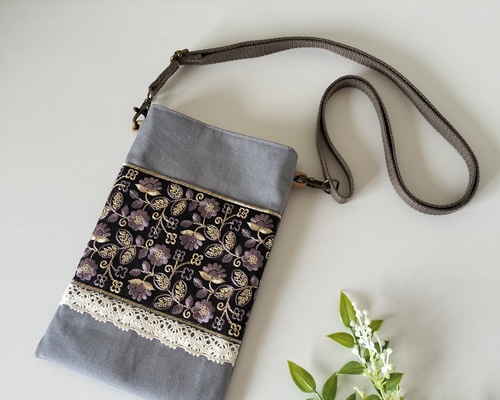 スマホショルダーバッグ インド刺繍リボンがお洒落な布バッグ