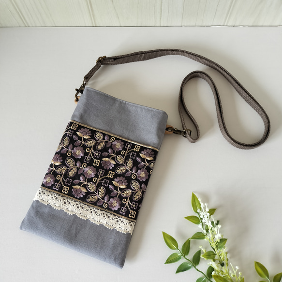 スマホショルダーバッグ インド刺繍リボンがお洒落な布バッグ