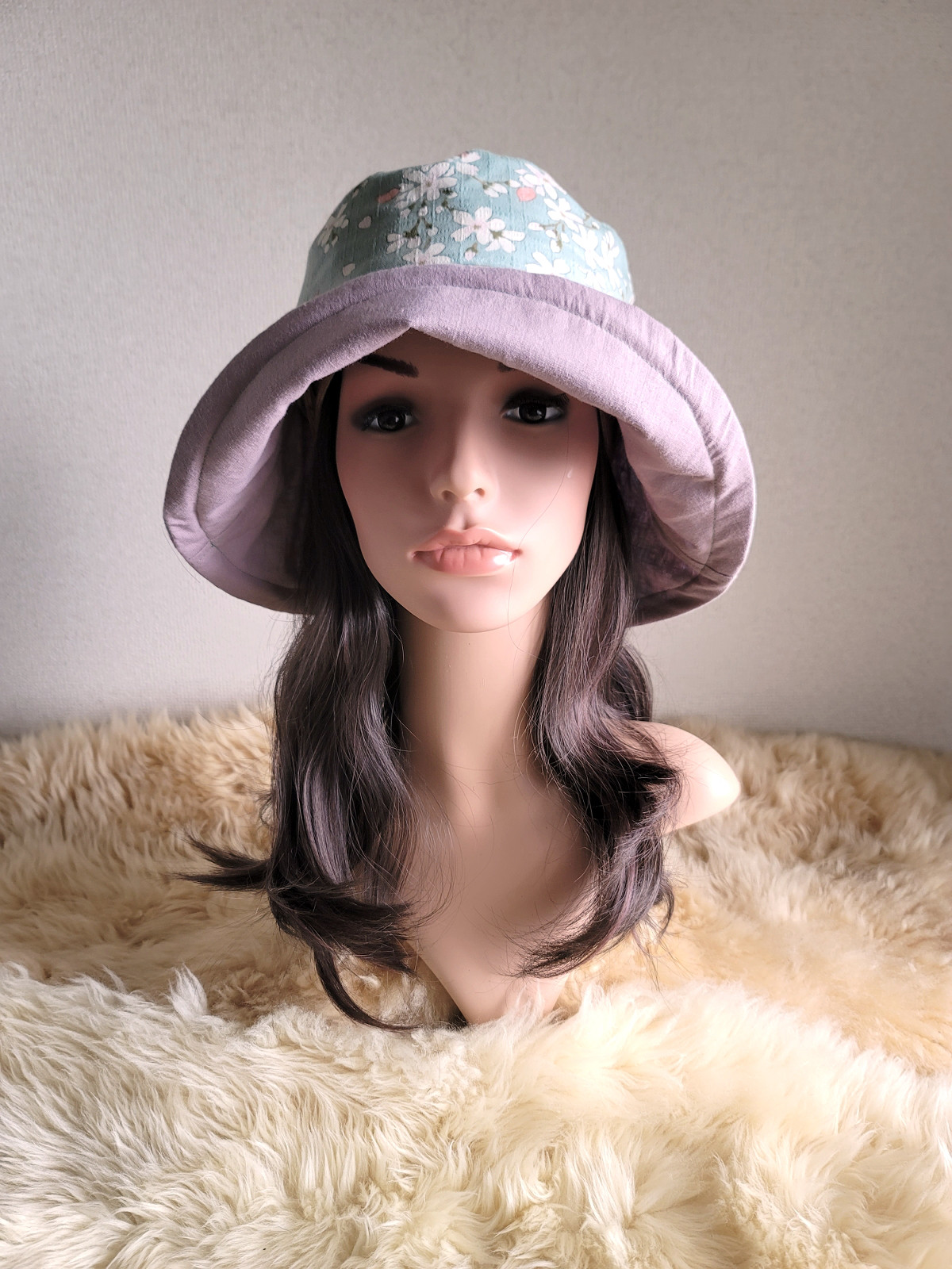 桜★ミント×くすみパープル★62㎝★ひとつ持っていると便利なプレーン帽子