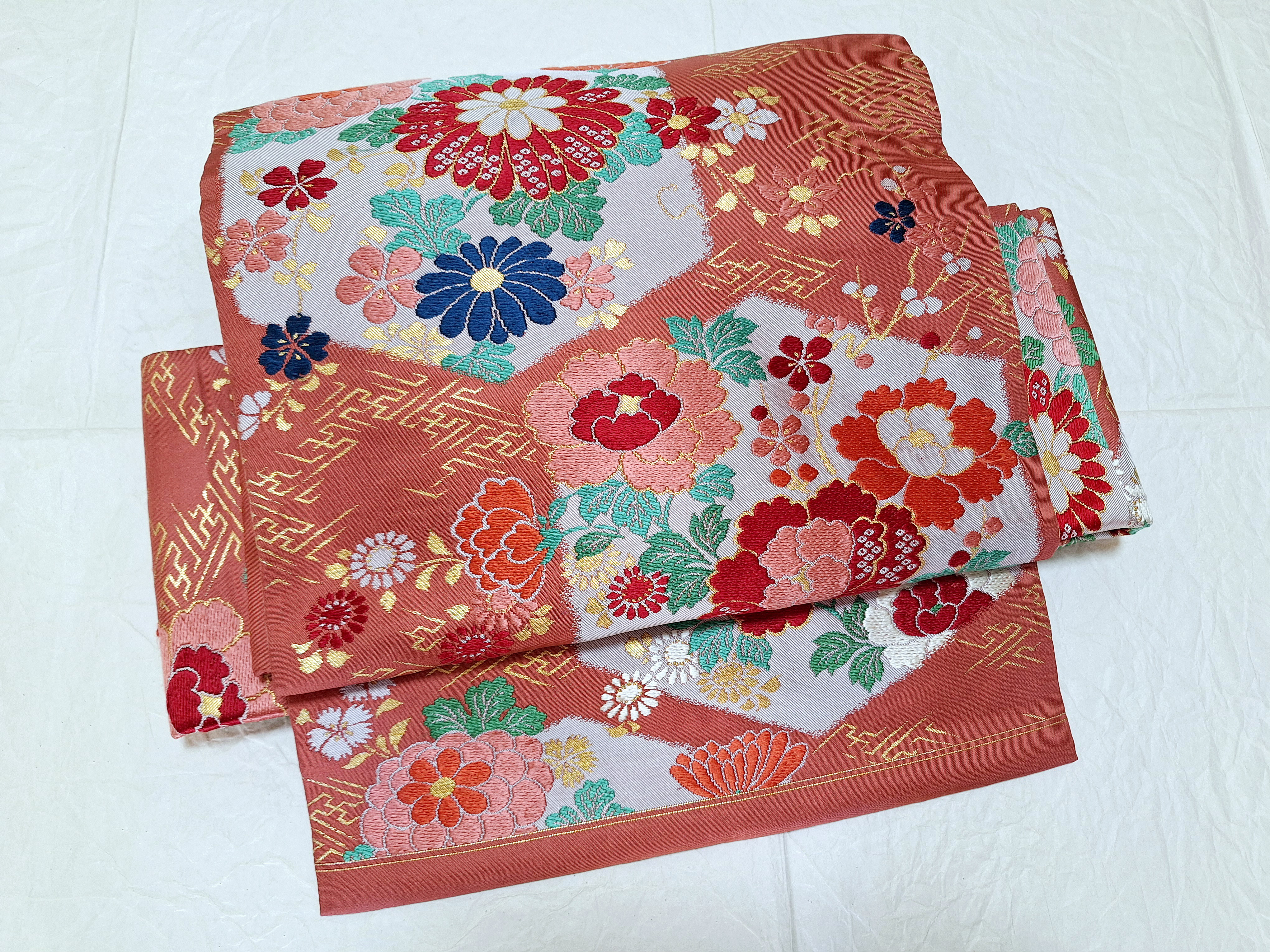 【アンティーク】ワンタッチ帯　くらわん帯　正絹名古屋帯リメイク　サーモンピンク亀甲花文様　作り帯　簡単帯