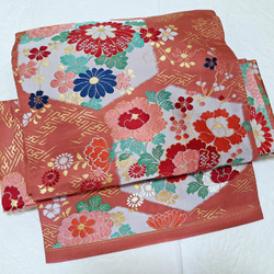 美品 正絹 袋帯 凛とした装い 華やかな色彩　朱赤 塩瀬 型絵染 美品 正絹 袋帯 凛とした装い 華やかな色彩 朱赤 塩瀬 型絵染 椿文様