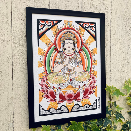 仏画★24金★截金入り★額付★手書き 大日如来 仏画 吉祥画 アート A4 額縁付き｜尾九 オリジナル