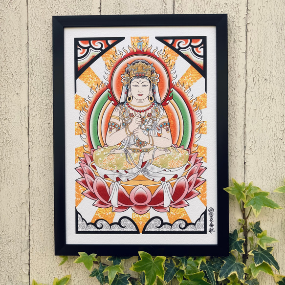 値下げ　原画　仏画　神仏　絵画　アクリル画　現代アート　一点物　手描き 大日如来 仏画 吉祥画 アート A4 額縁付き｜尾九 オリジナルイラスト