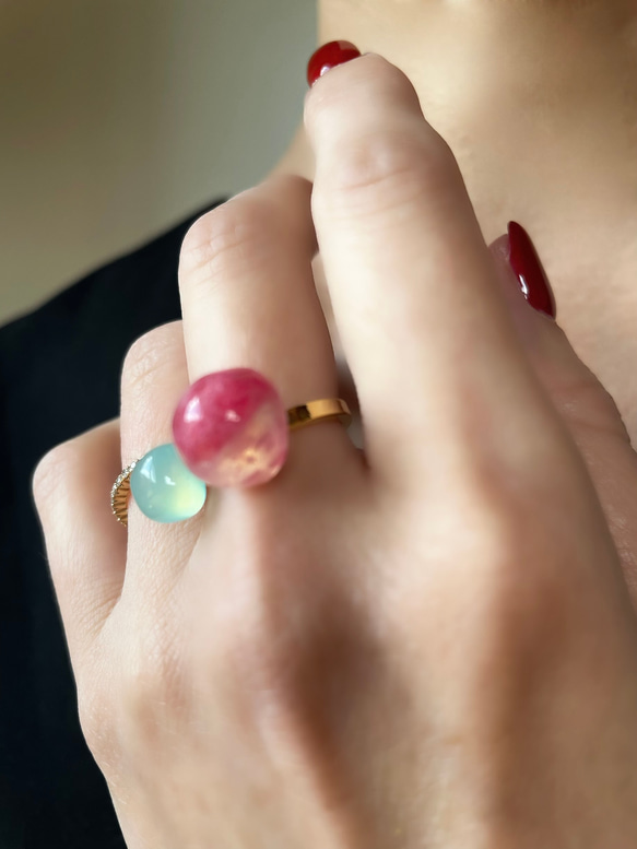 数量限定【ロシアからやって来た石】私だけの天然石フォークリング　　　フリーサイズ　春色 15枚目の画像