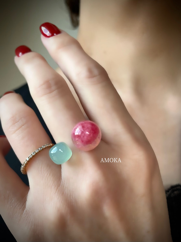 数量限定【ロシアからやって来た石】私だけの天然石フォークリング　　　フリーサイズ　春色 14枚目の画像