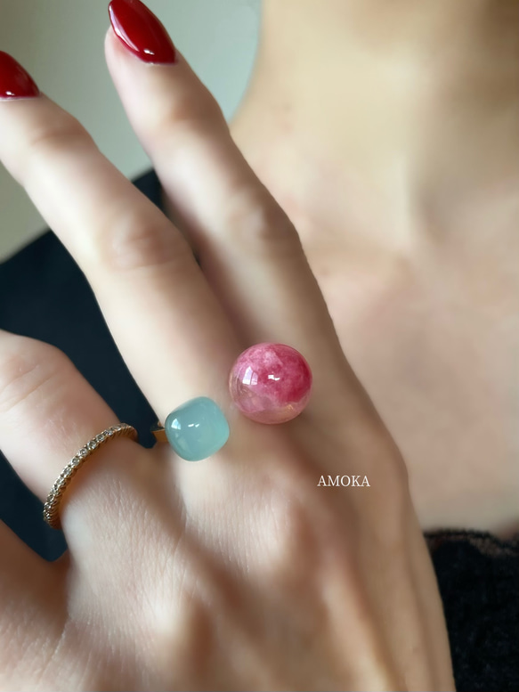 数量限定【ロシアからやって来た石】私だけの天然石フォークリング　　　フリーサイズ　春色 1枚目の画像