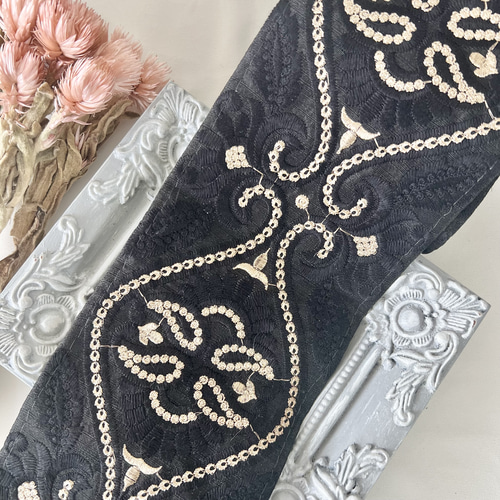 50cm インド刺繍リボン シルク 幅広モロッコ風柄 #ws36 リボン・テープ