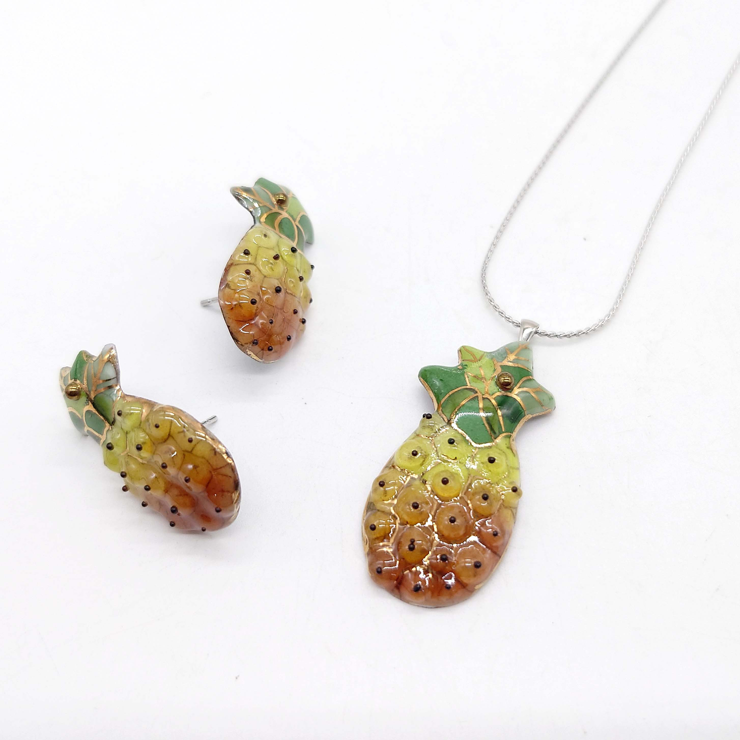 [ネックレス&ピアスのセット]パイナップルの七宝焼ネックレス&ピアス[受注制作]